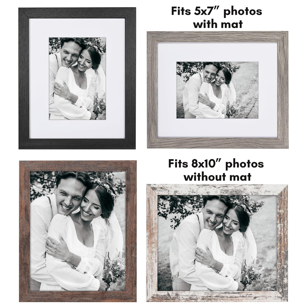 Americanflat Rustic 8x10 Picture Frame Set of 4 - Use as 5x7 Picture Frame with Mat or 8x10 Frame Without Mat - Photo Frame with Textured Engineered Wood, Shatter Resistant Glass, and Easel Americanflat