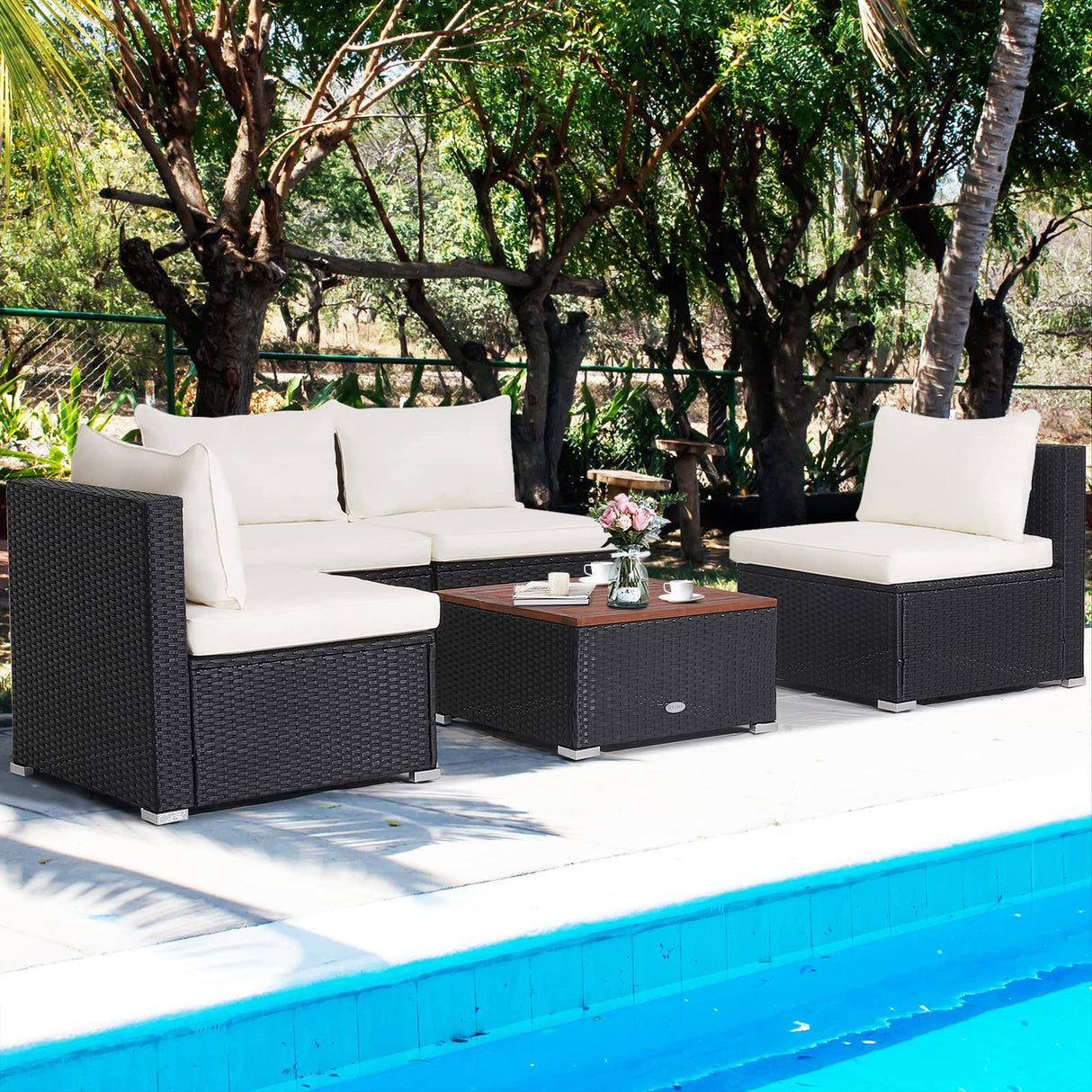 Tangkula 5 Piece Outdoor Patio Furniture Set, Patiojoy PE Wicker Conversation Set with Solid Acacia Wood Tabletop and Soft Cushions, Patio Sectional Sofa Furniture Set for Garden, Poolside (Off White) Tangkula