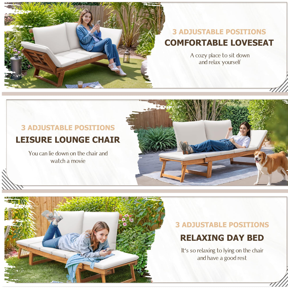 Devoko Outdoor Couch Acacia Wood Patio Couch with Adjustable Armrests, Outdoor Convertible Sofa with Removable Cushions & Pillows for Patio, Porch, Poolside(White) Devoko