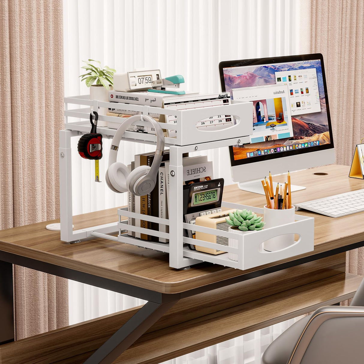 mixeshop Under Sink Organizer, 2 Tier Under Sink Organizers and Storage, Adjustable Height, Slide out Metal Cabinet Organizers, Pull out Cabinet Storage Drawer Shelf for Kitchen Bathroom White, 2 Pack mixeshop