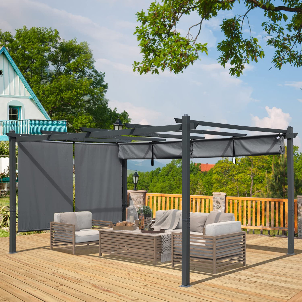 BPS 12' x 14' Outdoor Pergola with Retractable Shade Canopy, Dark Gray Matte Aluminum Frame, 2 Pieces Roller Shade Curtain, Grape Trellis Pergola for Patio Backyard and Deck - Gray BPS