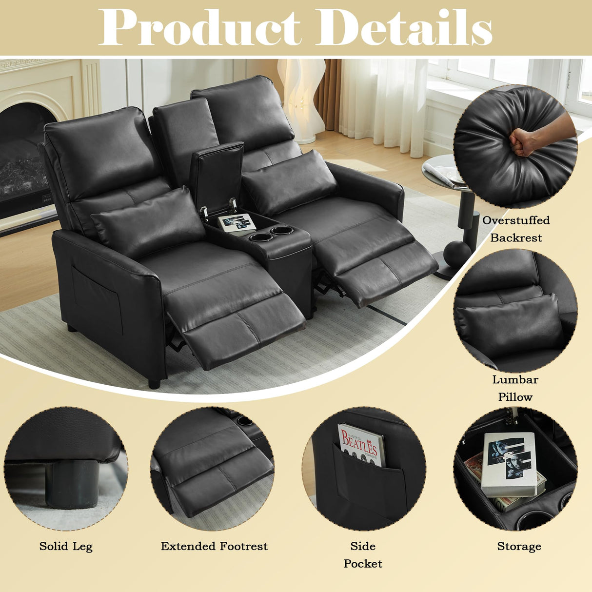 DRMBOOK 63'' RV Loveseat Recliner Sofa, Faux Leather Double Camper Couch 2 Seater Recliner with Console, Home Movie Theater Seating Chair, 2 Person Push Back Recliners for Living Room, Black DRMBOOK