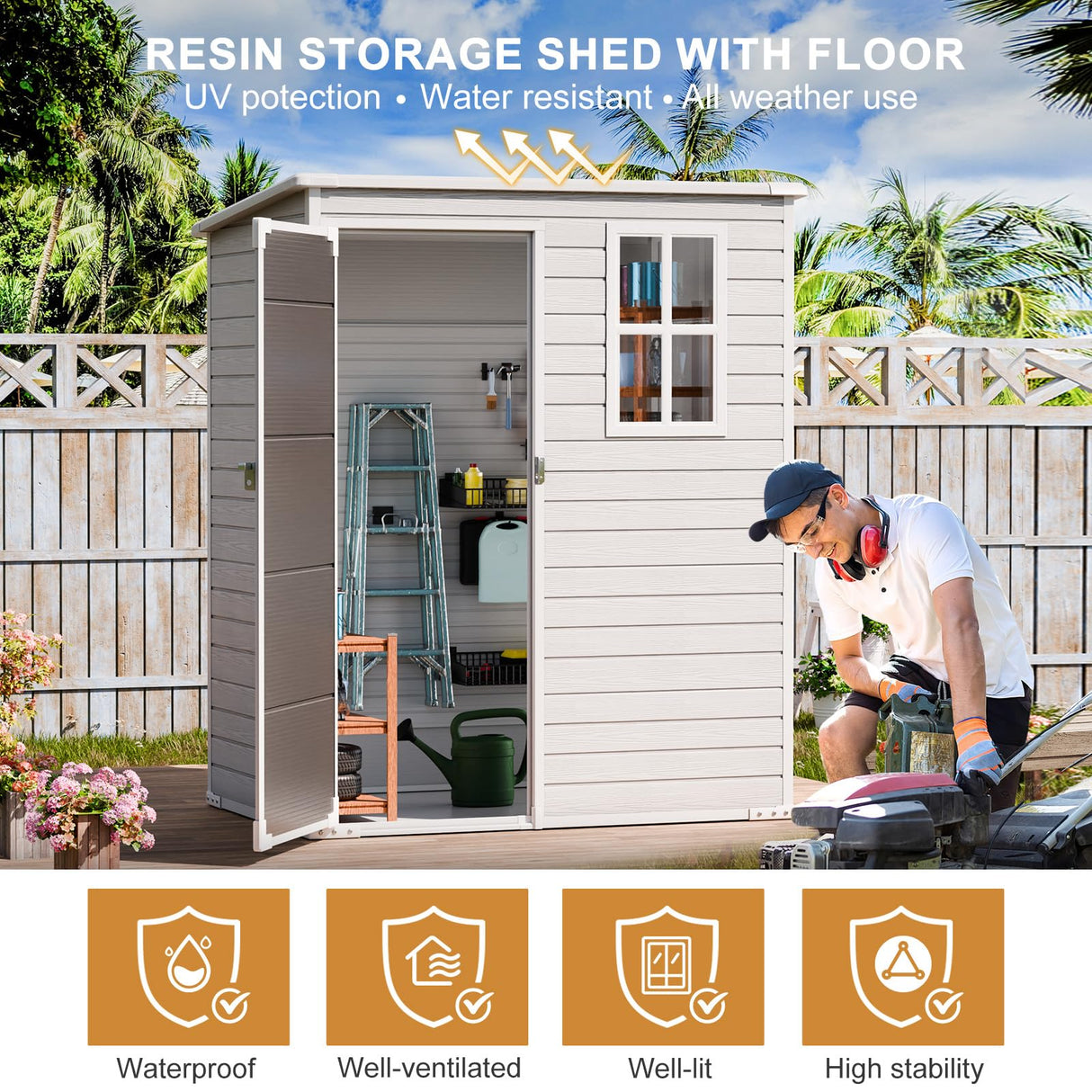 Outdoor Resin Storage Shed with Floor Included 5x3 FT, Waterproof Outside Sheds with Window Lockable Door, Plastic Sheds for Backyard Garden Patio Lawn Tools, Gray WELYAS