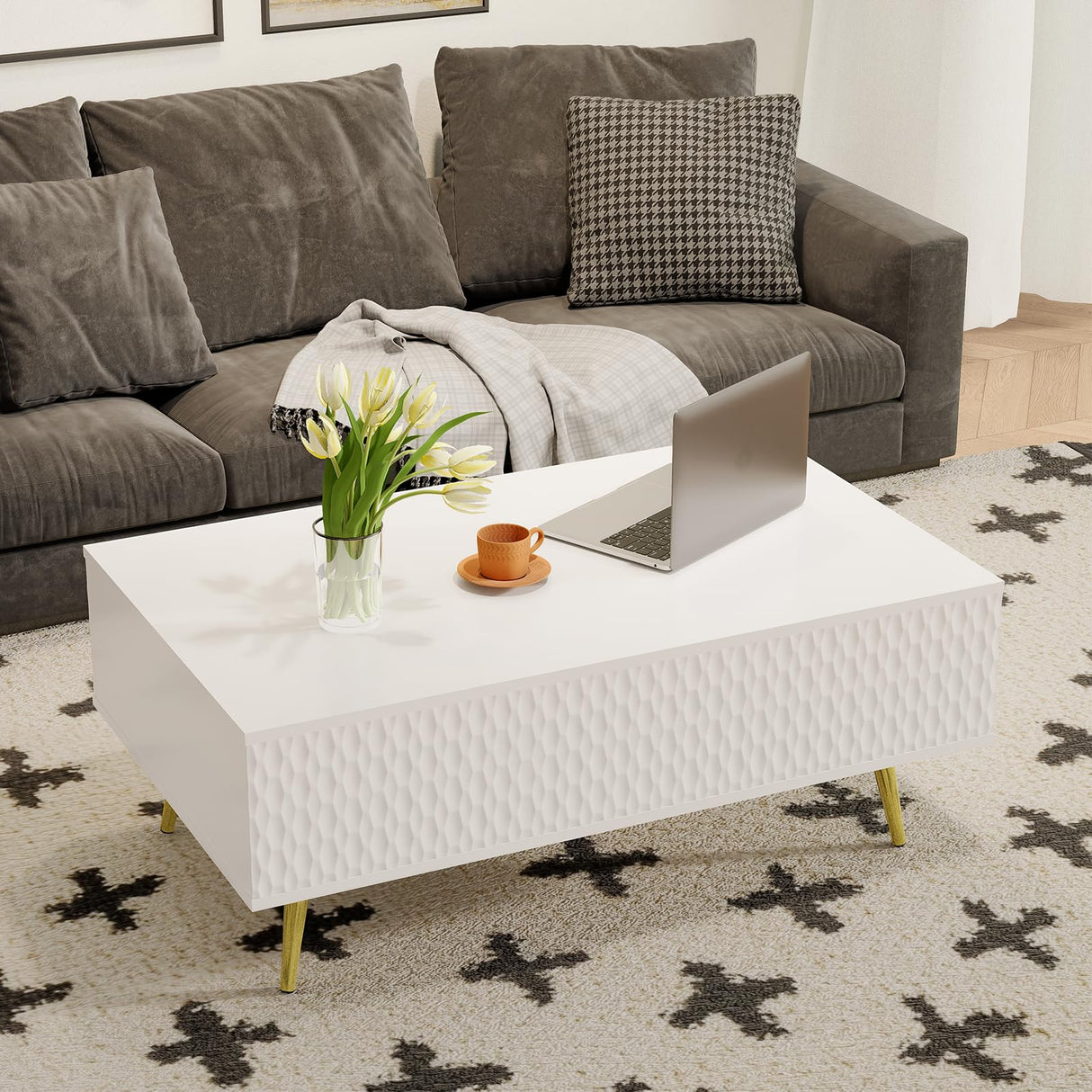 Modern Lift Top Coffee Table,39.37" White Mid Century Coffee Table with Lifting Top for Living Room, Wooden Carved Center Table with Hidden Storage Metal Legs, Fluted Panel, Adjusting to Dining Table VOXANOXI