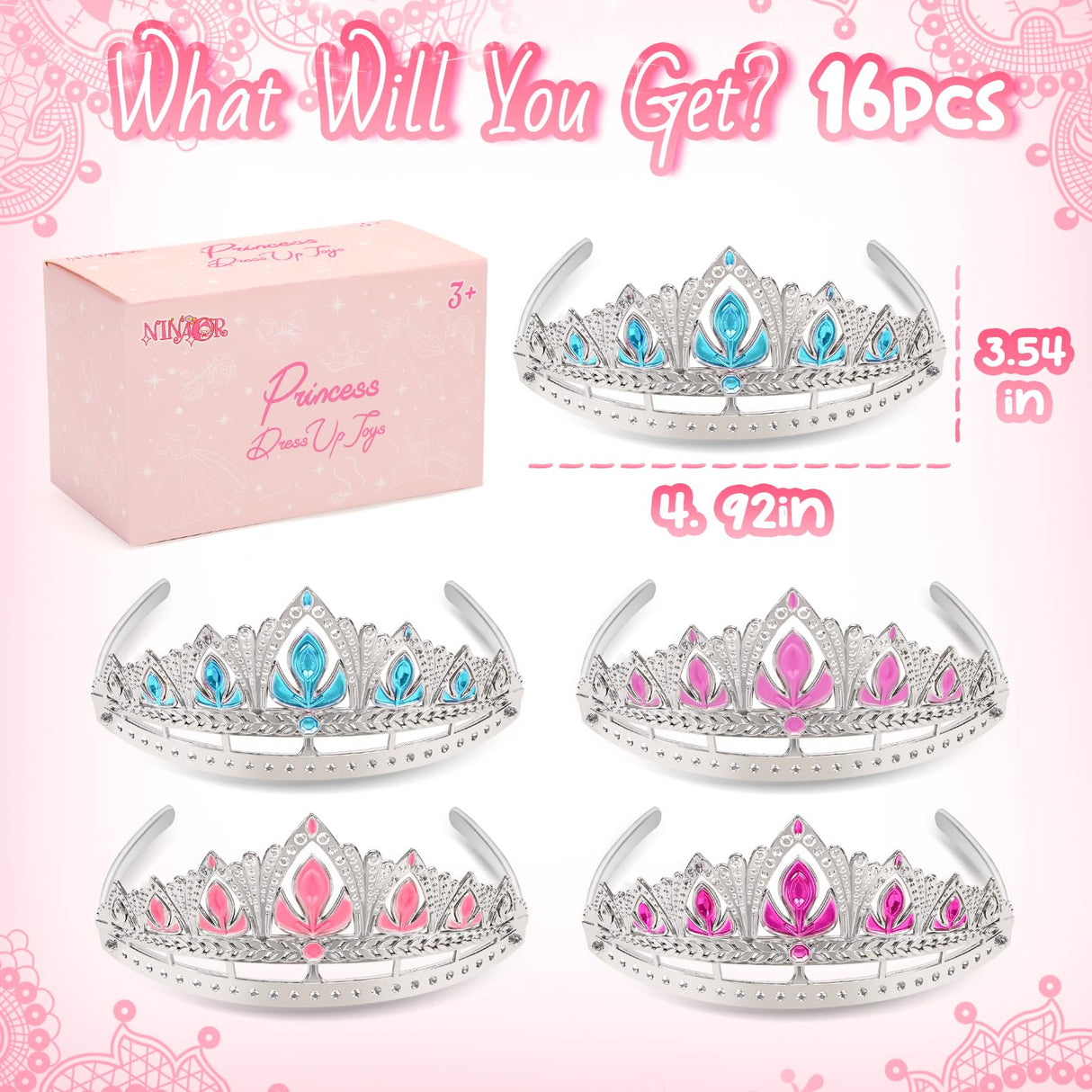 NINAOR Princess Crown Party Favors, 16Pcs Princess Dress Up Tiaras for Birthday Girl Cosplay Accessories, Princess Pretend Play Jewelry Party Supplies NINAOR