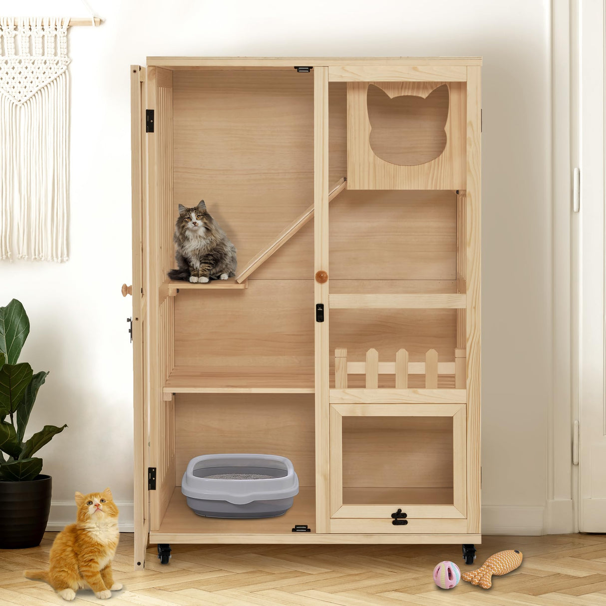 MCombo Wooden Cat Houses for Indoor Cats, Luxury Cat House with Scratching Pad, Lockable Doors, Wheels, CT090 MCombo