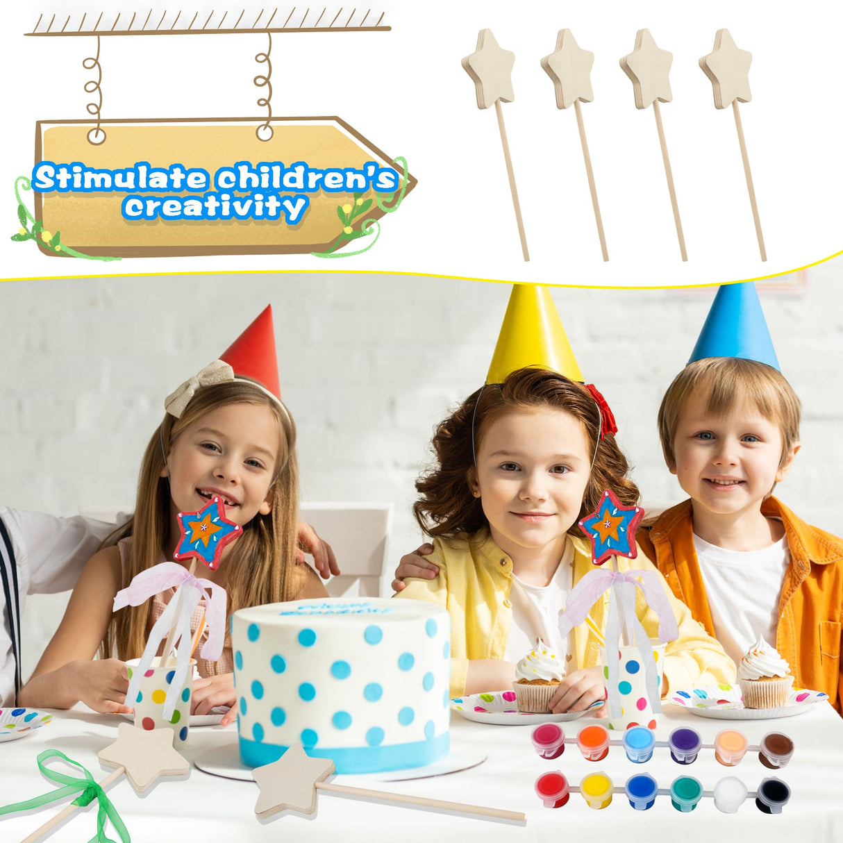 89 Pcs Make Your Own Wooden Princess Wand DIY Fairy Wands Kit Include 30 Pcs 3D Wooden Star Wands 7 Gem Stickers 40 Ribbons 12 Painting Props for Painting Crafts Birthday Party Supplies Gifts Plukeen