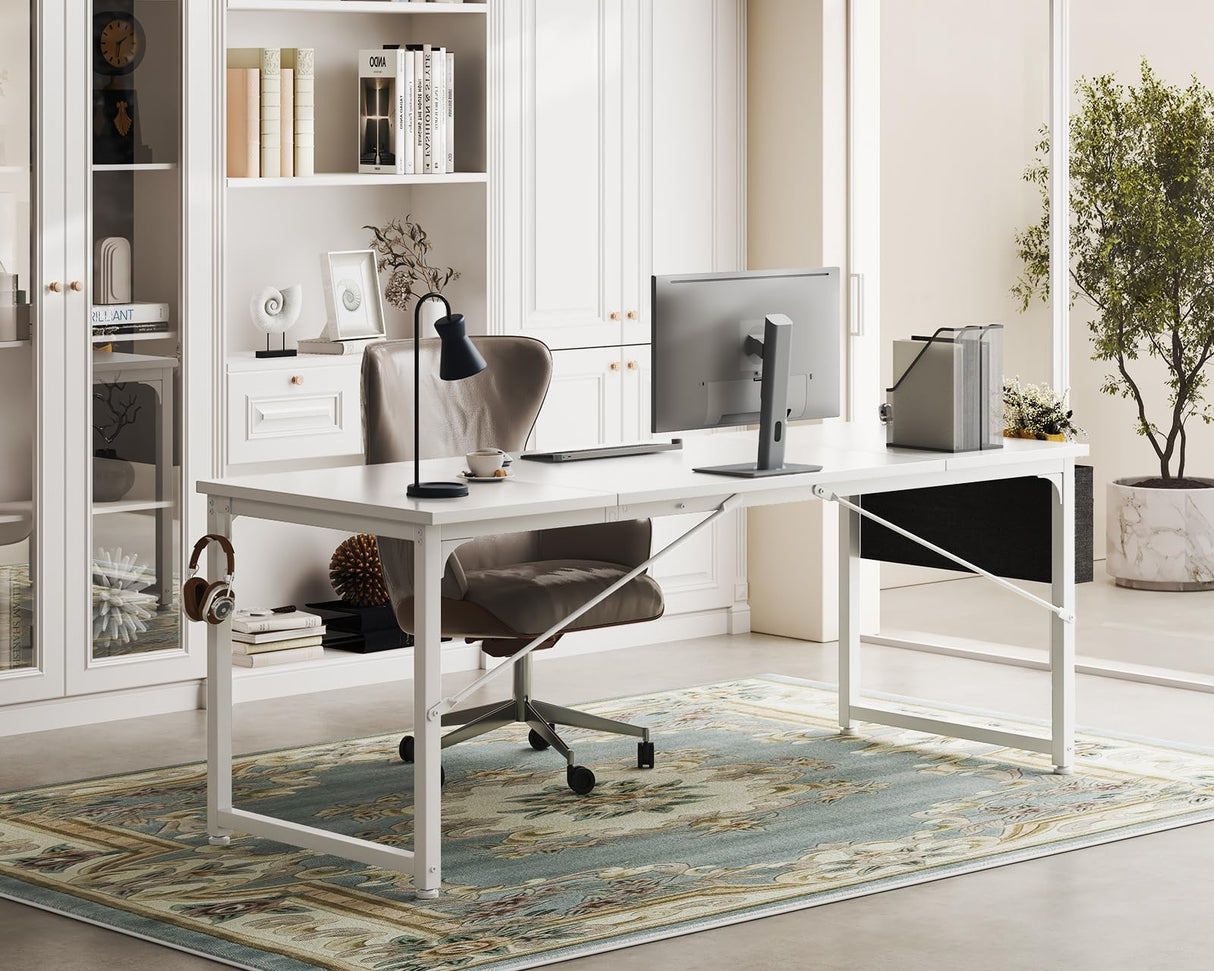 ODK Computer Desk Large Office Desk, 63 Inch Gaming Desk with Storage, Modern PC Desk Work Table with Headphone Hook for Home Office, Splice Board, White + White Leg ODK