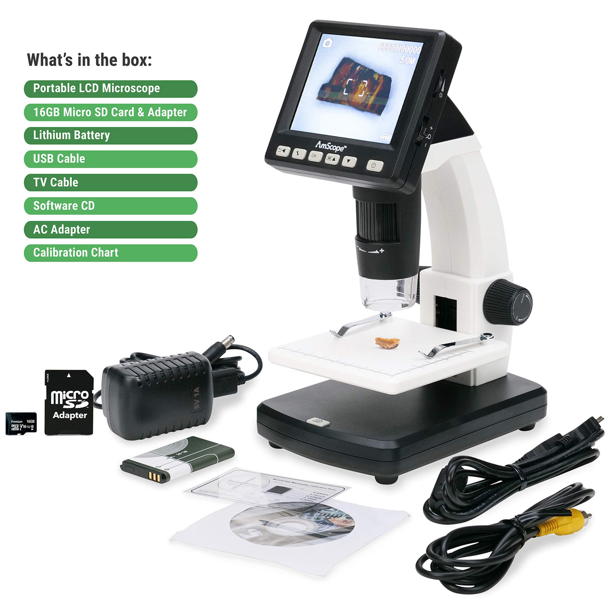 AmScope IQCREW Kid's Premium Portable LCD Color Digital Microscope with Rock and Mineral Collecting Look and Learn Activity Kit AmScope
