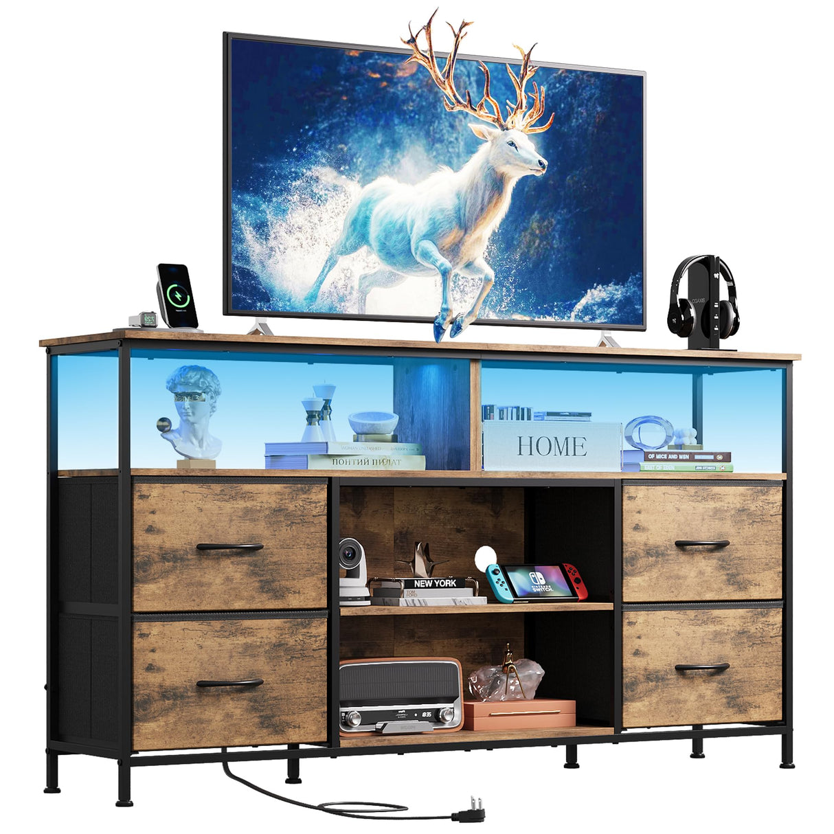 WLIVE TV Stand Dresser for 50,55,60 inch TV, Entertainment Center with LED Lights & Fabric Drawers, Dresser TV Stand for Bedroom and Living Room with Open Shelves, Rustic Brown WLIVE