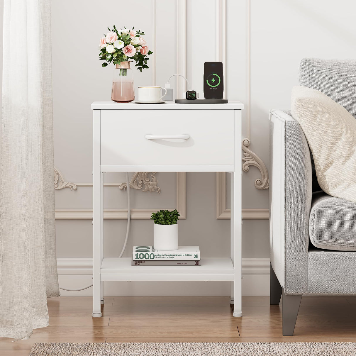 Vagusicc White Nightstand Set of 2 with Charging Station, Bed Side Table with Fabric Drawer, Small End Table with 2-Tier Storage Shelves, 25.4" Tall Bedside Table, Night Stand for Bedroom, Living Room Vagusicc