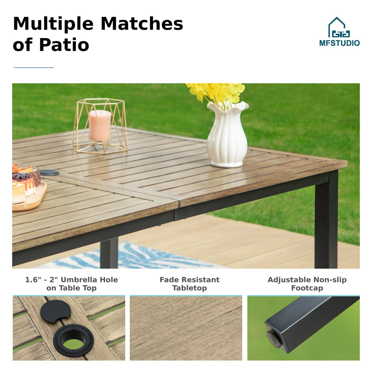 MFSTUDIO 7 Pieces Patio Dining Sets,Outdoor Furniture Set Including 1x 64 Rectangle Wood-like Table Table and 6 Padded Sling Swivel Chairs Metal Dining Set for Backyard,Garden,Deck MFSTUDIO
