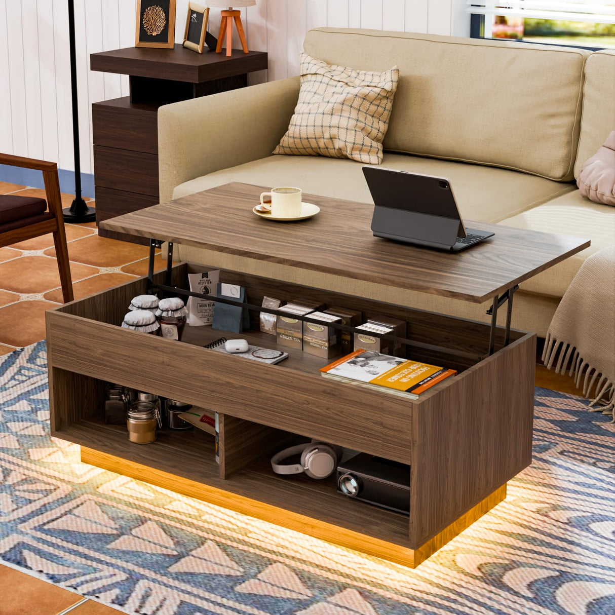 HOMMPA LED Lift Top Coffee Table and TV Stand Set of 2,Modern LED Entertainment Center with Power Outlets for up to 65" TV, Coffee Table with Hidden Compartment & 2 Open Shelve Walnut HOMMPA