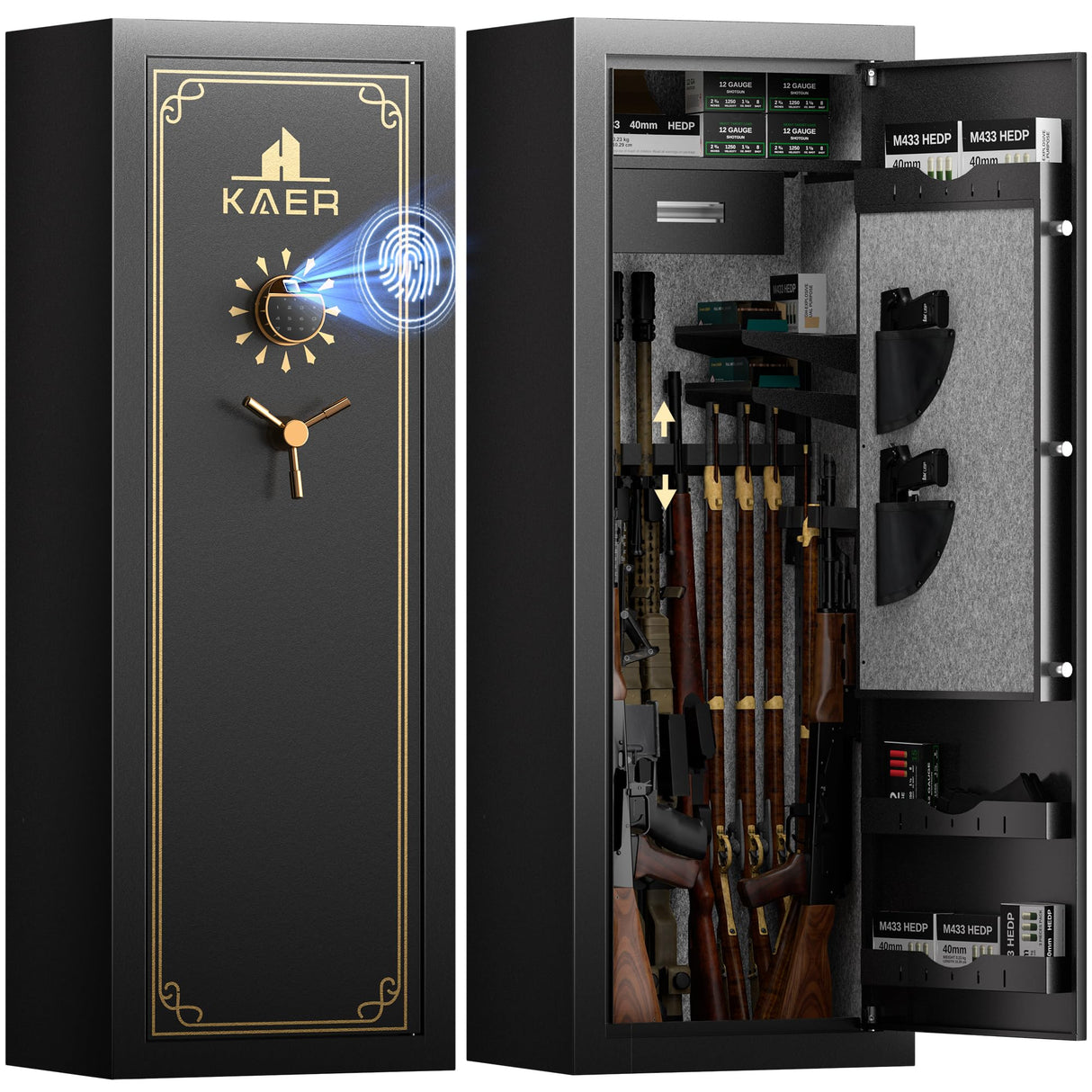 KAER 25 Biometric Gun Safe, Wider and Deeper Fingerprint Gun Safes for Rifle and Pistols, Large Quick Access Heavy-Duty Gun Cabinet for Firearm Ammo with Drawer & Gun Rack, Assembled KAER