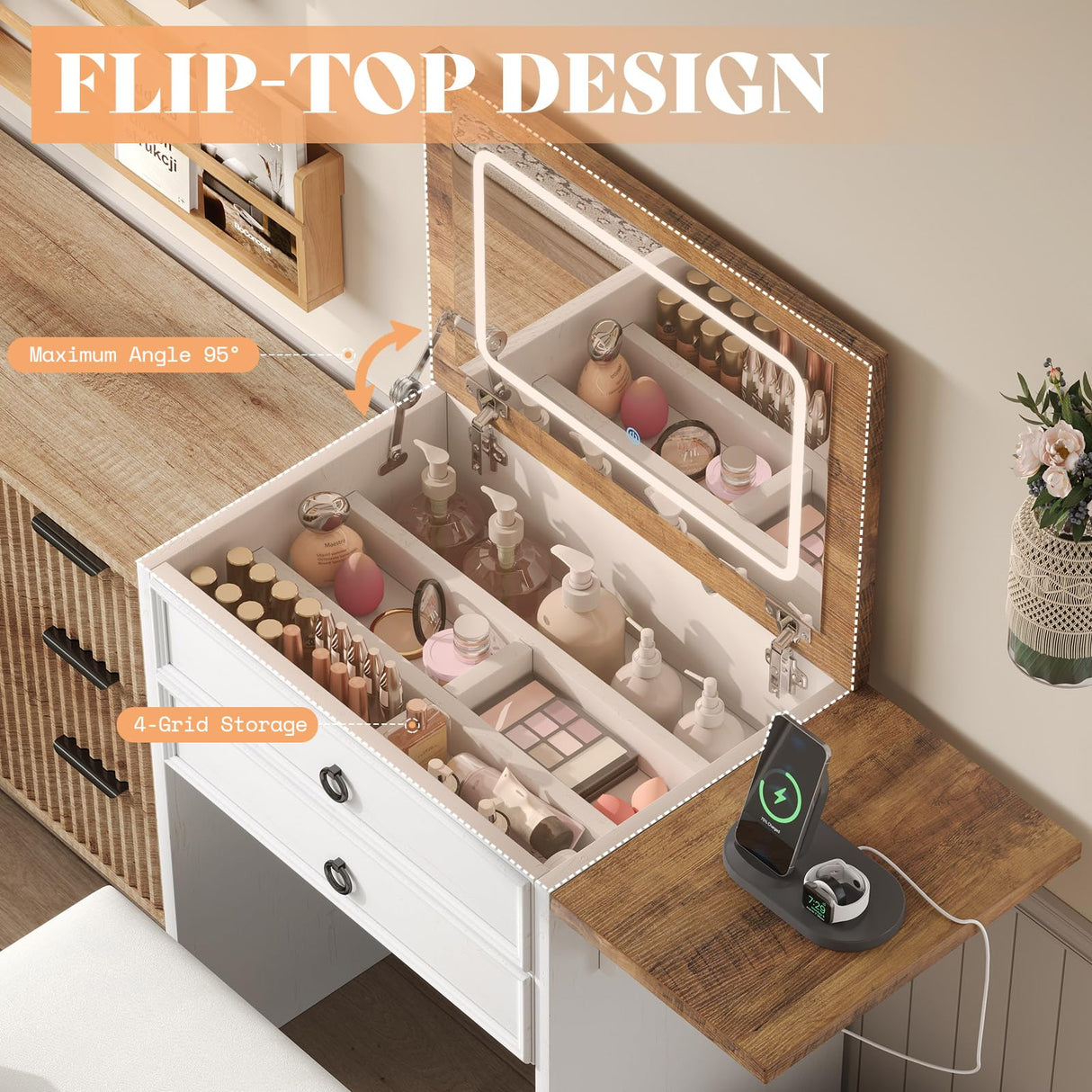 AMERLIFE 3-in-1 Makeup Vanity with Sliding Stool, Fold-up Panel, Divided Storage & Power Port, Farmhouse Makeup Table with Adjustable LED Light, for Small Space, White & Barnwood AMERLIFE