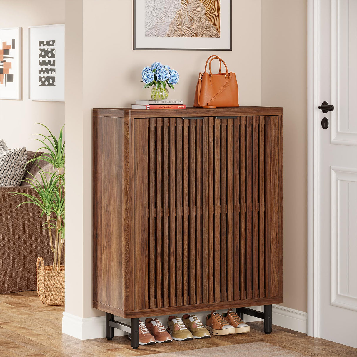 Tribesigns Shoe Cabinet with Shutter Doors, 6-Tier Entryway Shoe Cabinet with Adjustable Shelves, Wooden Modern Rack Organizer for Entryway, Hallway, Closet, Living Room, Walnut Tribesigns