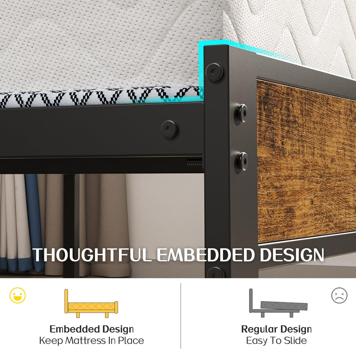 Liians Queen Size Bed Frame, Queen Bed with Charging Station Headboard and LED Lights, Platform Bed with Metal Slats, No Box Spring Needed Liians