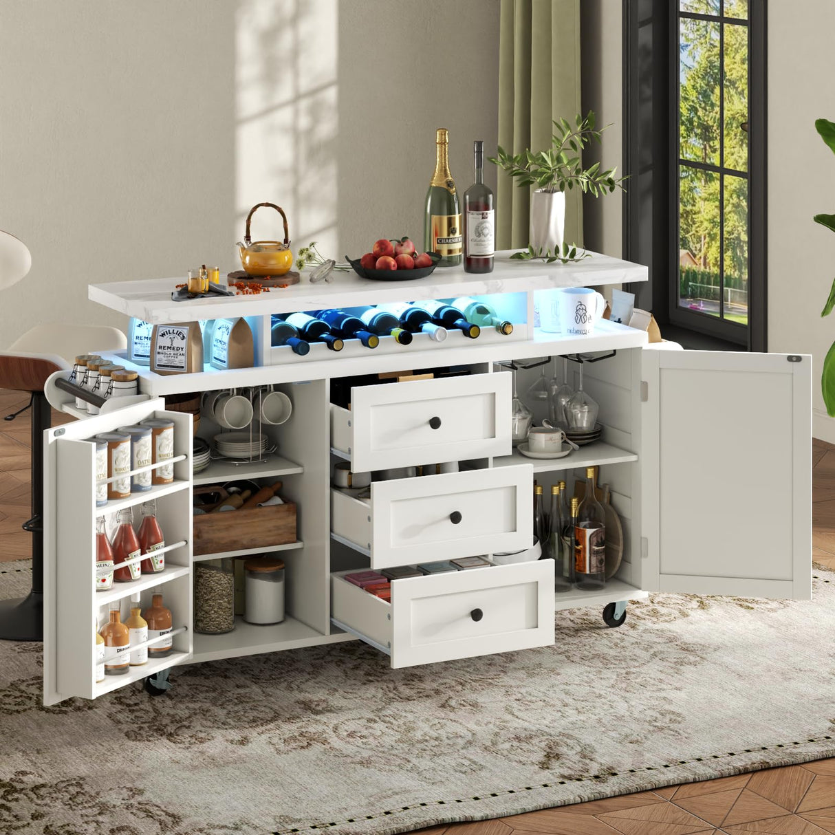 Rolling Kitchen Island Cart with Storage, Kitchen Island on Wheels with LED Lights & 3 Drawers, Side Table with Spice Rack & Towel Rack, Large Mobile Islands Table for Dining Room, White Gyfimoie