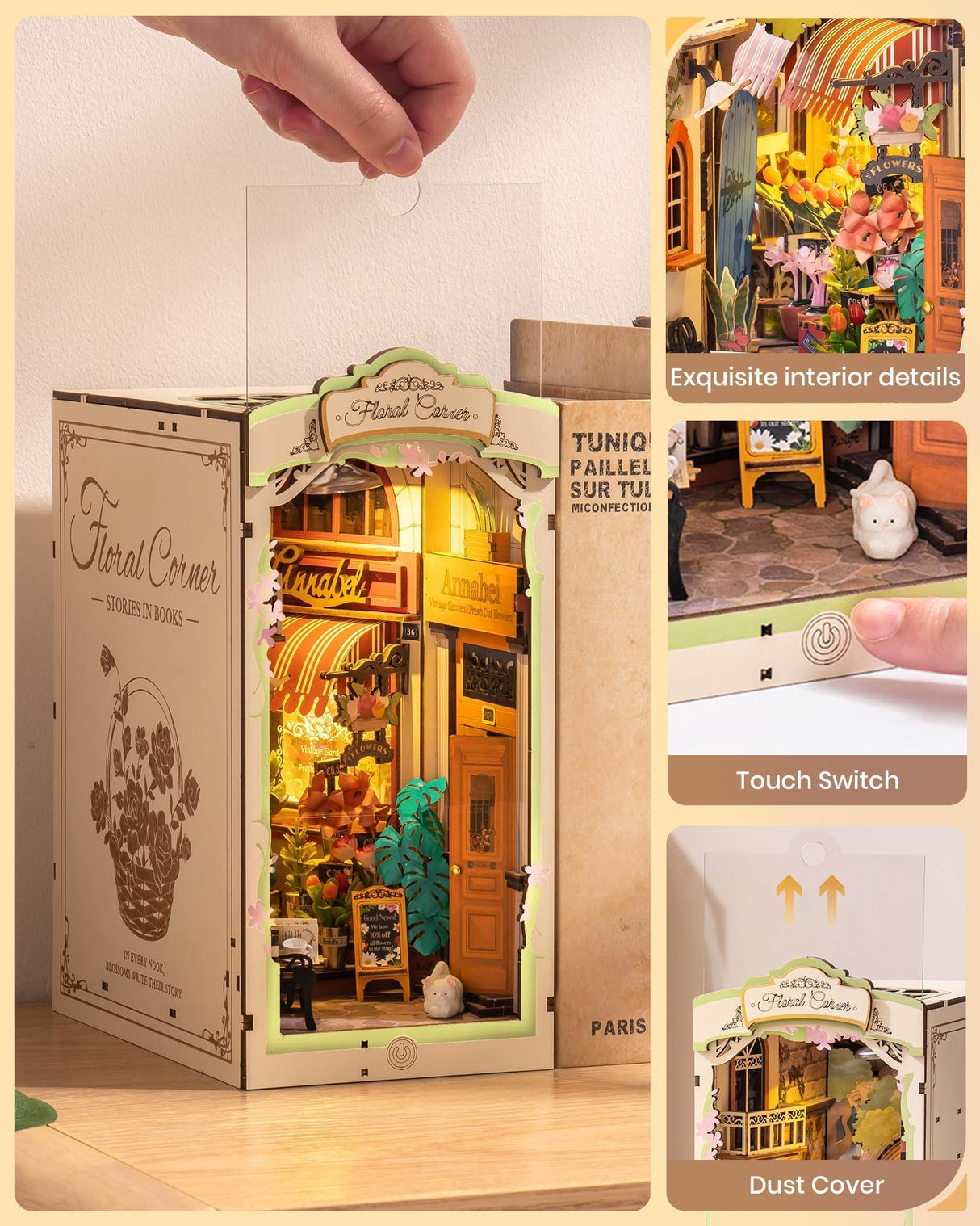 Rolife DIY Book Nook Kits for Adults, Miniature Dollhouse Booknook Kit for Home Room Decor, 3D Wooden Puzzle with LED, Flower Corner Creative Bookends Bookshelf Diorama Insert Rolife