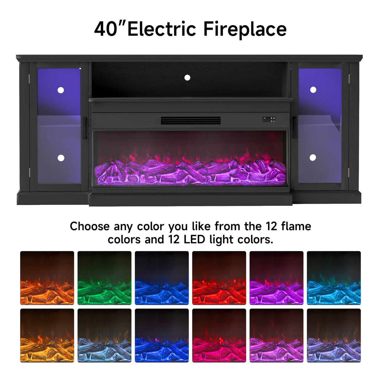 Real Relax Fireplace TV Stand for 80 Inch TV, 72.8" Entertainment Center with 40 inch 3-Sided Electric Fireplace & LED Lights for Living Room, Black Real Relax
