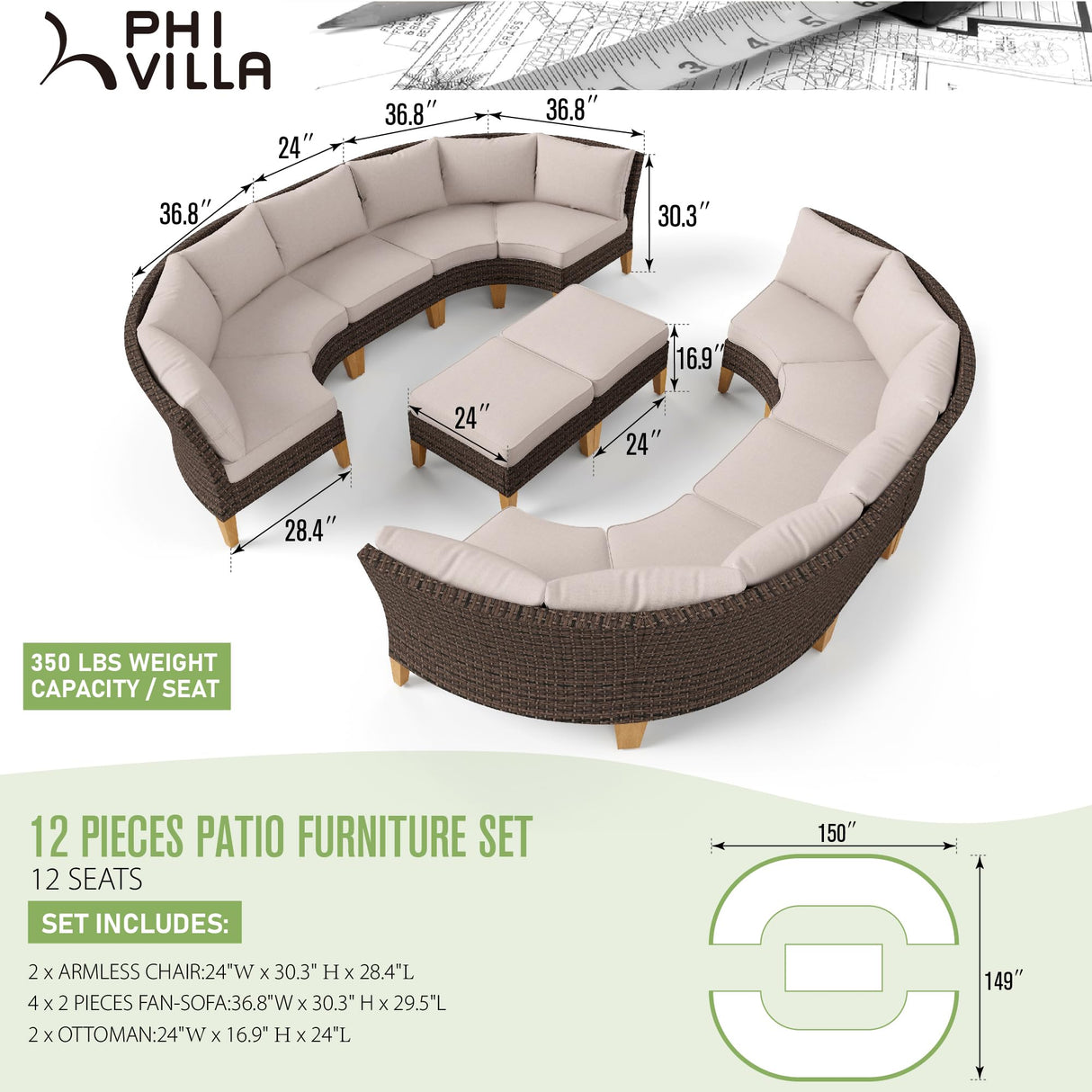 PHI VILLA 12 Pieces Patio Conversation Set Half Moon Wicker Outdoor Furniture Sofa Set Curved Circle Rattan Sofa for Garden PHI VILLA
