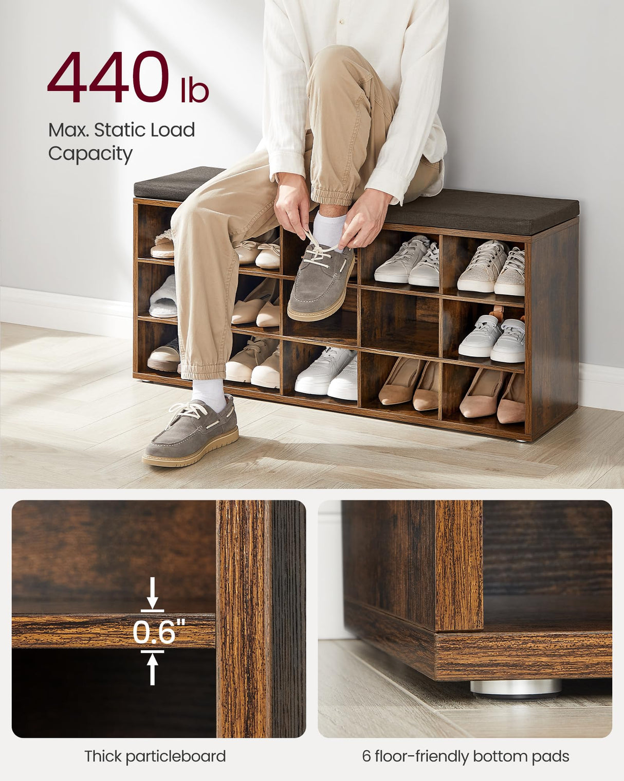VASAGLE Shoe Bench with Cushion, Storage Bench with Padded Seat, Entryway Bench with 15 Compartments, for Bedroom, 11.8 x 41.3 x 18.9 Inches, Rustic Brown and Chestnut Brown ULHS15BX VASAGLE