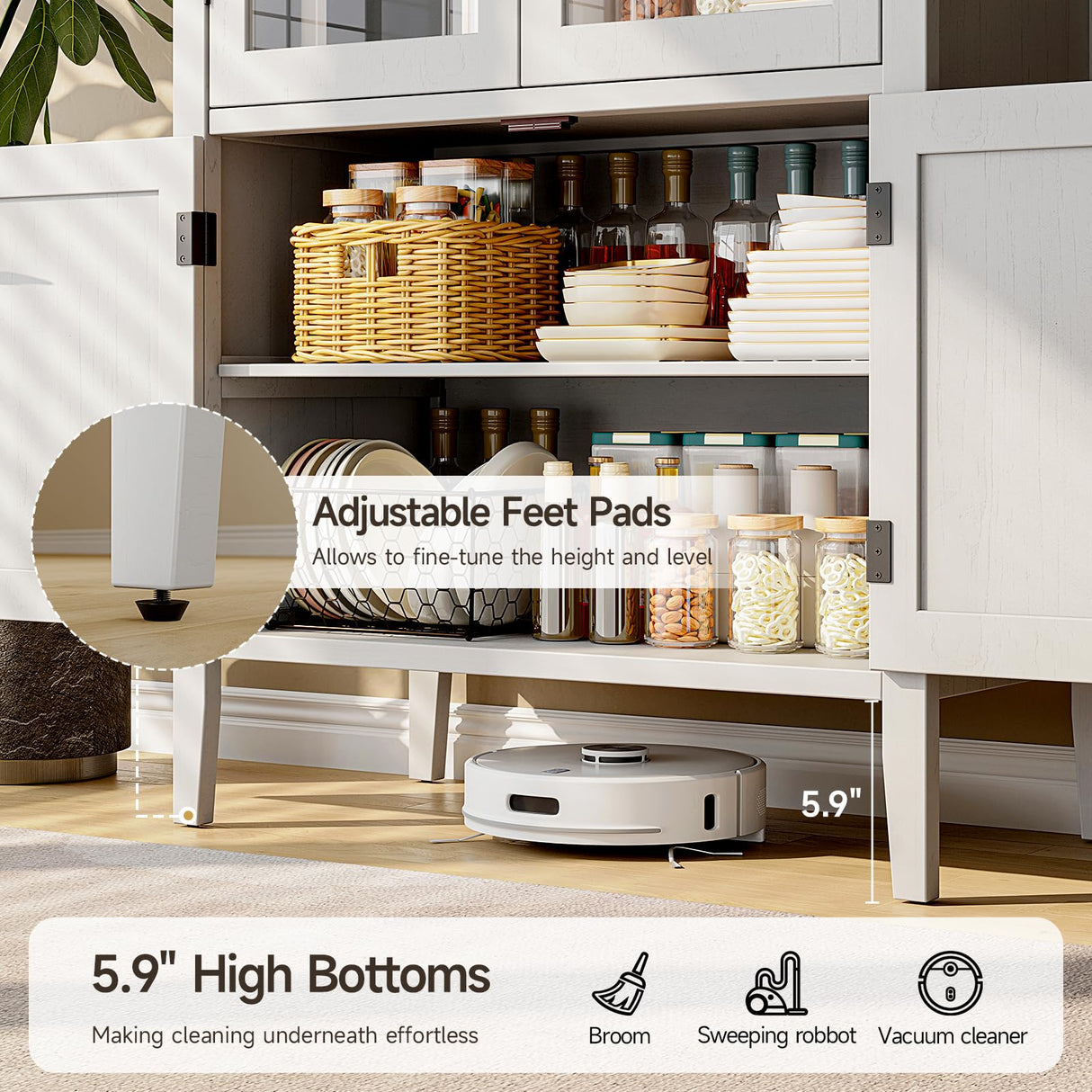 ONBRILL 71" Tall Arched Cabinet, 5-Tier Arched Kitchen Pantry with Glass Doors & Shelves, Modern Display Arch Cabinet with Adjustable Feet, Wooden Pantry for Living Room, Dining Room, Off White ONBRILL