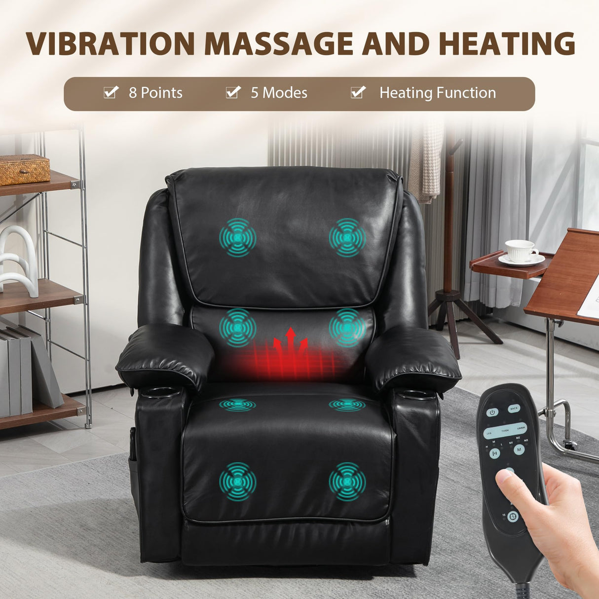 HOMCOM Swivel Rocker Recliner Chair with Vibration Massage and Heat, Oversized PU Leather Ergonomic Lounge Chair with Footrest, Remote, Cup Holders and Side Pockets for Living Room, Black HOMCOM