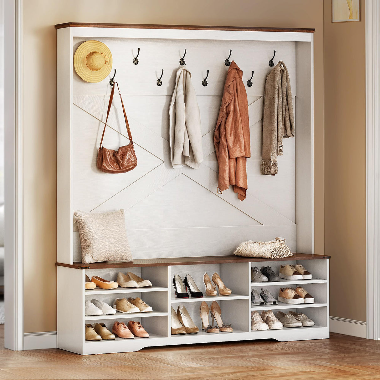 YITAHOME Hall Tree with Bench and Shoe Storage, Mudroom Storage Modern Shoe Cabinet with Bench & 9 Double Prong Hooks, for Entryway & Living Room, Walnut & Off-White YITAHOME