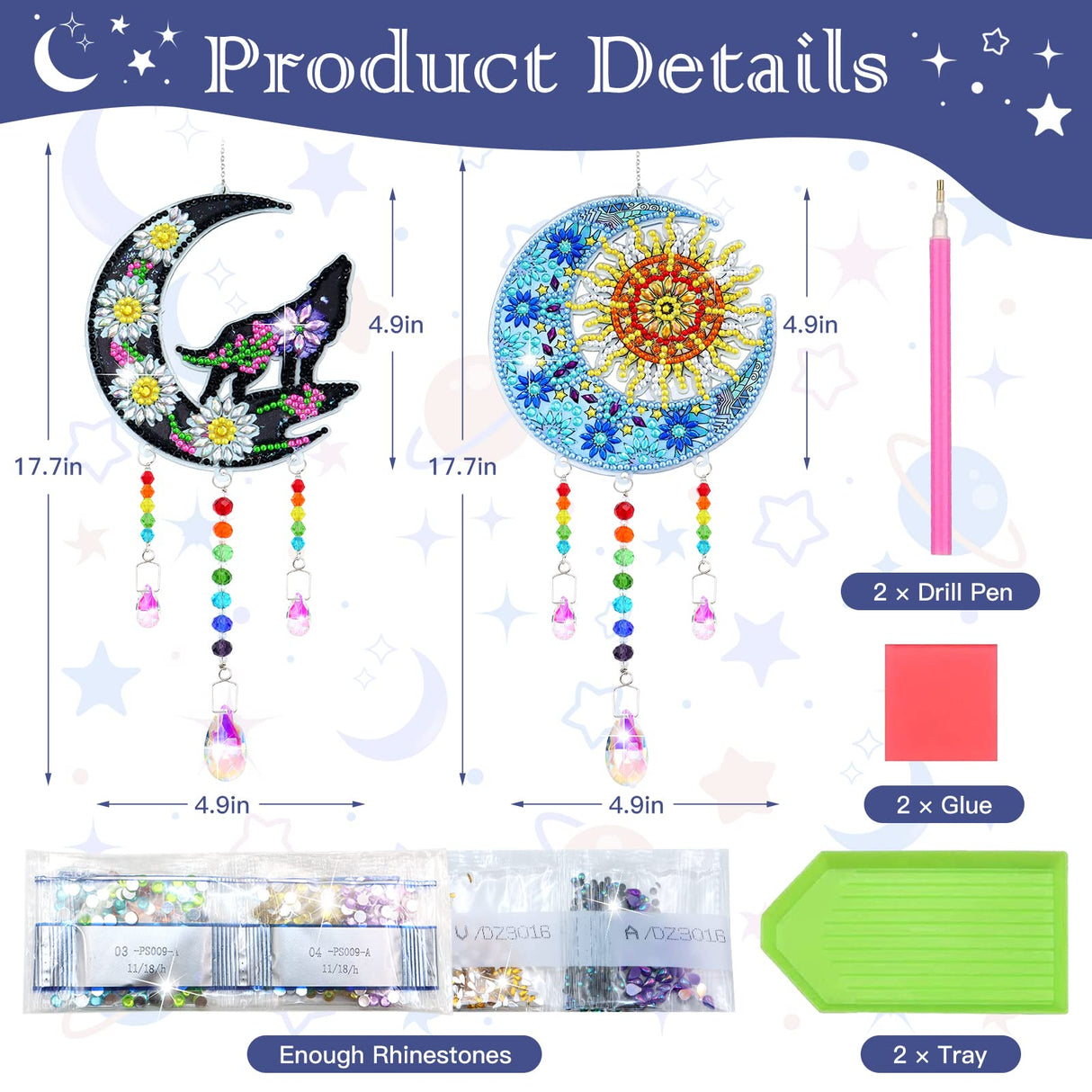 ZYNERY 2 PCS Diamond Painting Wind Chime, Suncatcher Kit Diamond Art for Adults Kids, Painting Kits Hanging Pendant for Home Garden Outdoor Decor (Moon Wolf, Moon Sun) ZYNERY