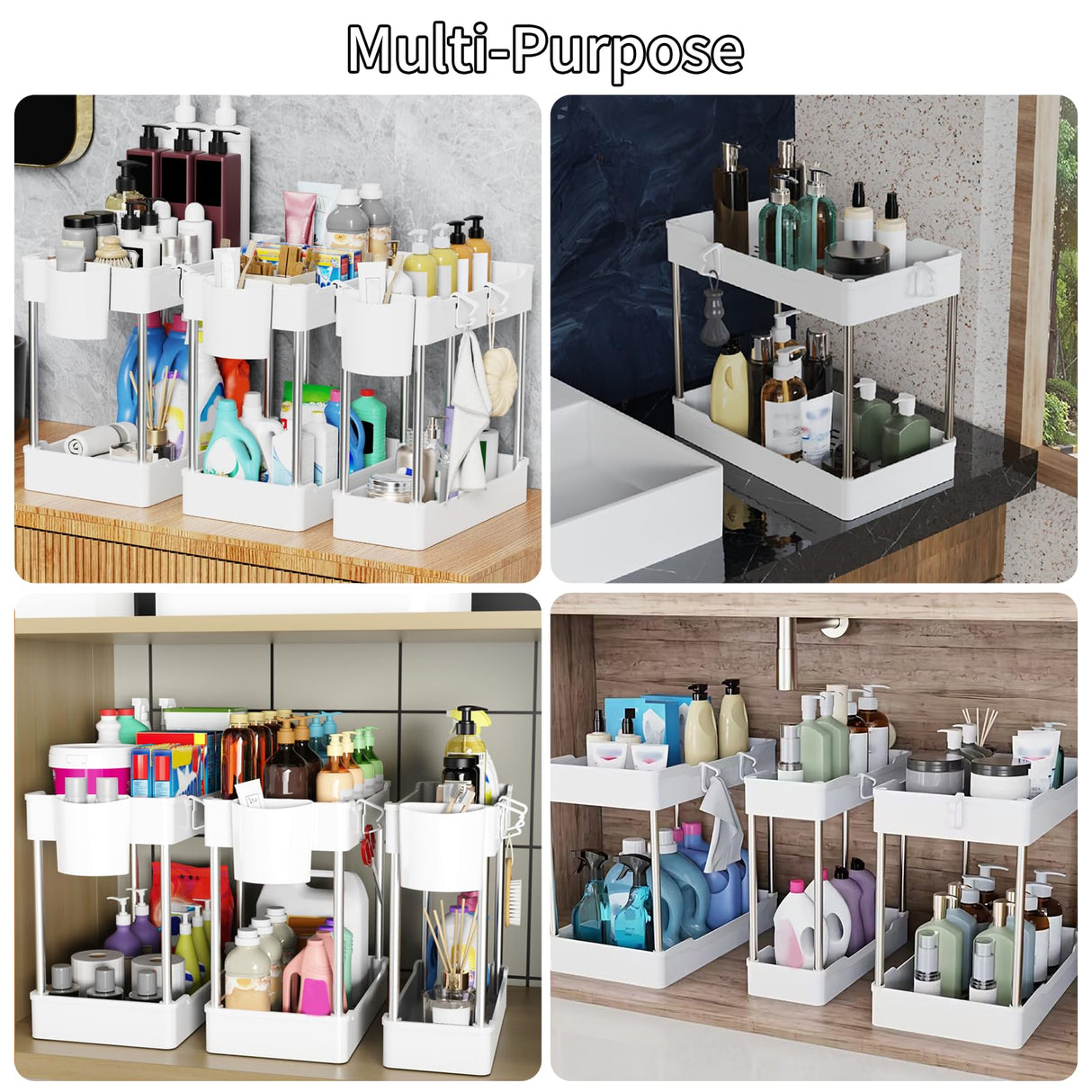 JYSMYWS 3 Pack Under Sink Organizers and Storage, 2 Tier Bathroom Cabinet Organizer Shelf with Hanging Cups for Kitchen & Bathroom (White) JYSMYWS