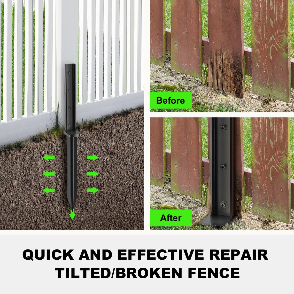 One-Piece Thicker Fence Post Repair Anchor Kit, Heavy Duty Steel Fence Post Anchor Ground Spike for Repairing Tilted Broken Wooden Fence Post (2 Pack/Black) Nessxa