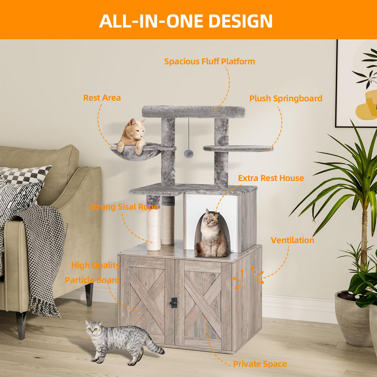 Snughome Cat Litter Box Enclosure with Cat Tree Tower and Condo, Hidden Cat Washroom Furniture with Sisal Scratching Post and Soft Plush Perch, Wooden Cat Furniture with Multiple Platforms, Grey Snughome