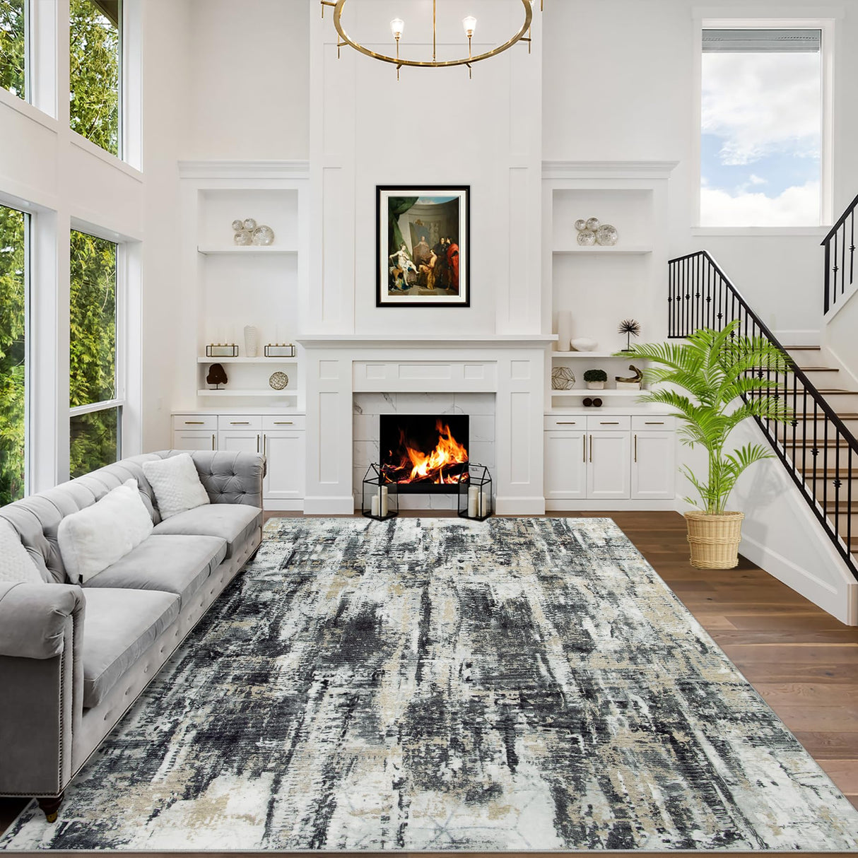 8x10 Area Rugs Washable Rug: Large Modern Abstract Living Room Rug Soft Anti-Skid Thin Carpet Indoor Floor Non-Shedding Carpets for Bedroom Dining Farmhouse Nursery Home Office Black Grey Gold Gent drizz