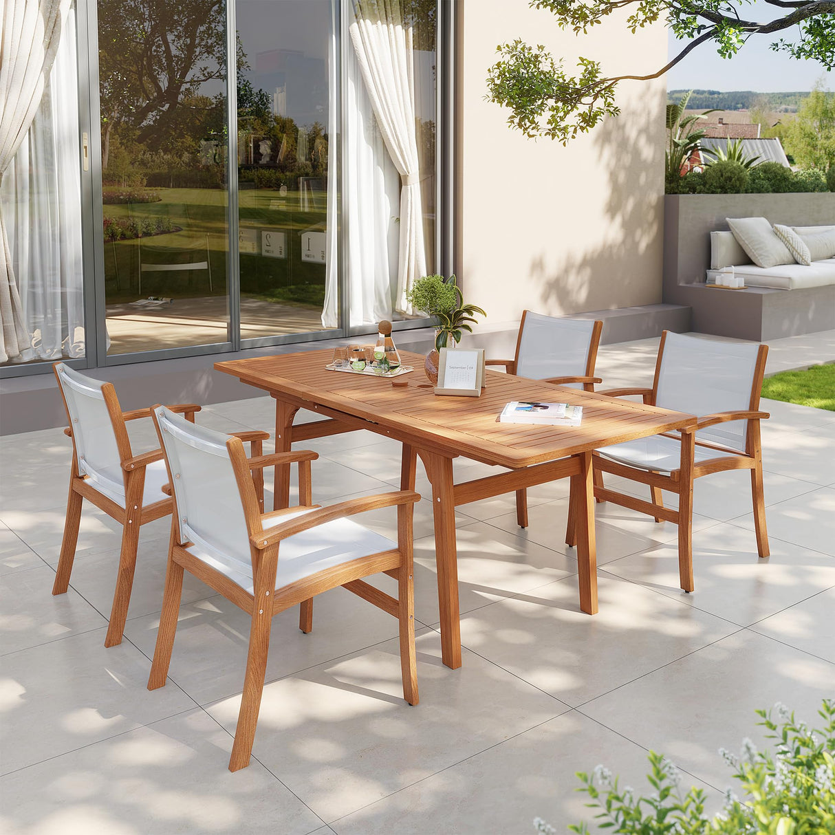 OC Orange-Casual Patio Furniture Set, Acacia Wood Patio Dining Set for 6-8, Outdoor Expandable Table and Chairs Set with Umbrella Hole and Breathable Textilene Fabric for Garden (White, 5 Pieces) OC Orange-Casual