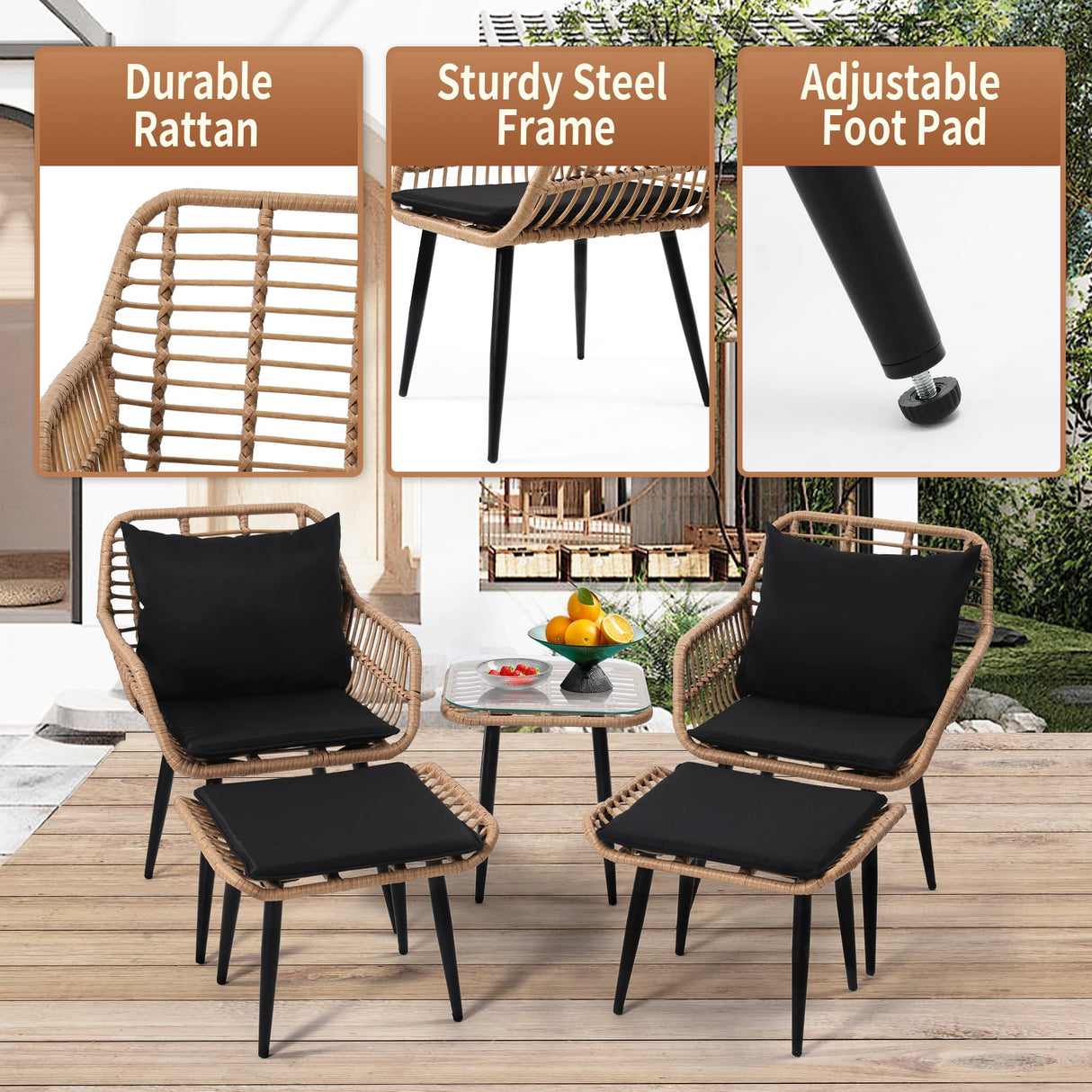 KROFEM Outdoor Wicker Chairs and Table Bistro Conversation Furniture Set, 5 Pieces with Ottoman for Porch, Balcony, Deck, Patio, Backyard, Natural Color KROFEM