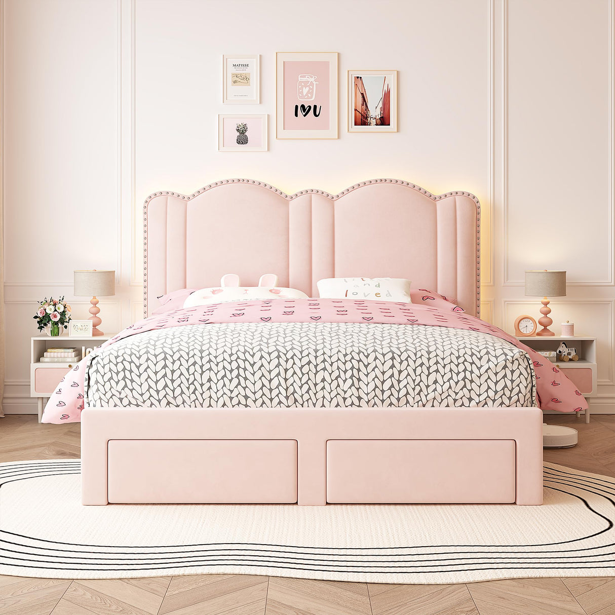 EnHomee Queen LED Bed Frame with 2 Storage Drawers,Upholstered Bed Frame Queen Size with Adjustable Cloud Headboard, Solid Wooden Slats, No Box Spring Required, Easy Assembly, Pink EnHomee
