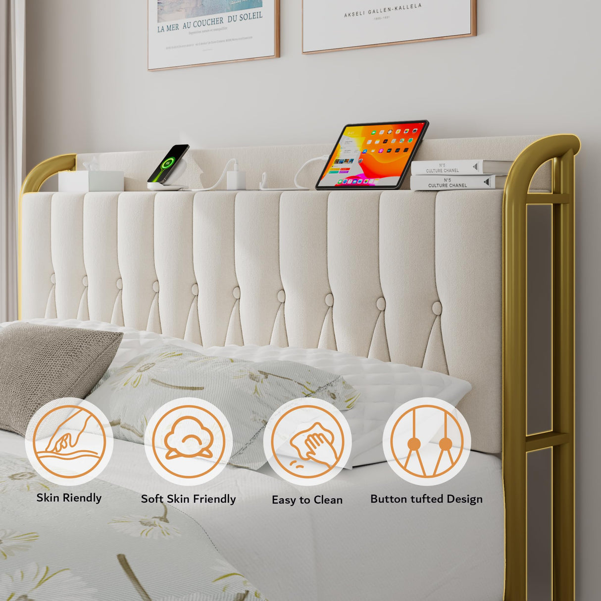 iPormis Full Size Metal Bed Frame with Charging Station, Velvet Upholstered Headboard and Footboard, Heavy Duty Steel Support, 12" Under Bed Storage, No Box Spring Needed, Easy Assembly, Beige iPormis
