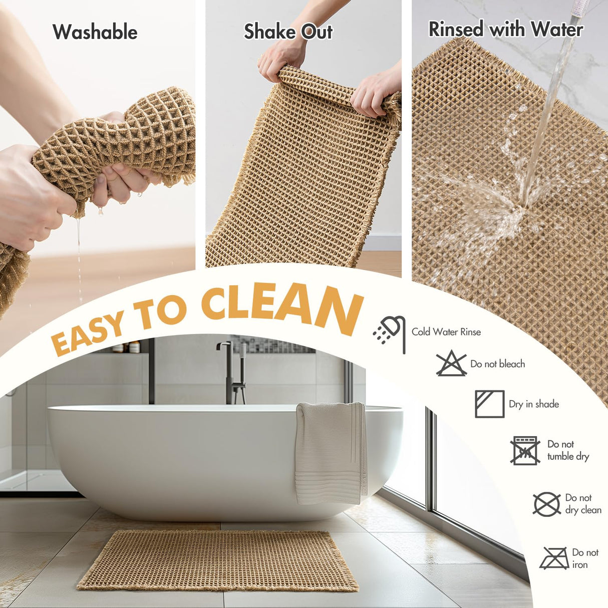 MIULEE Set of 2 Waffle Bathroom Rugs, Boho Bath Rugs Non Slip Washable, Super Absorbent Bath Mats, Ultra Soft Rubber Backed Shower Mats for Bathroom Floor, Tub and Shower, Brown, 18x30 Inch MIULEE