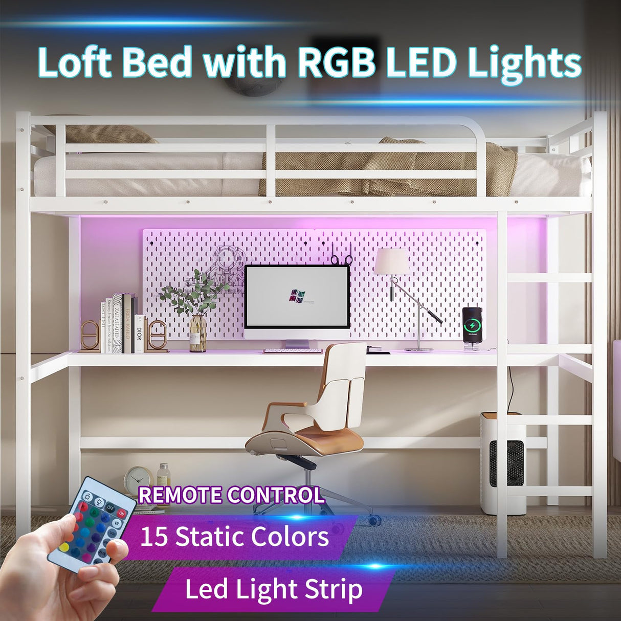 Sailret Metal Loft Bed Frame with Desk, Power Outlet & USB Charging, LED Lights, Noise-Free Sturdy High Loft Dorm Bed with Guardrails & Ladder, Space-Saving Design -Queen, White Sailret