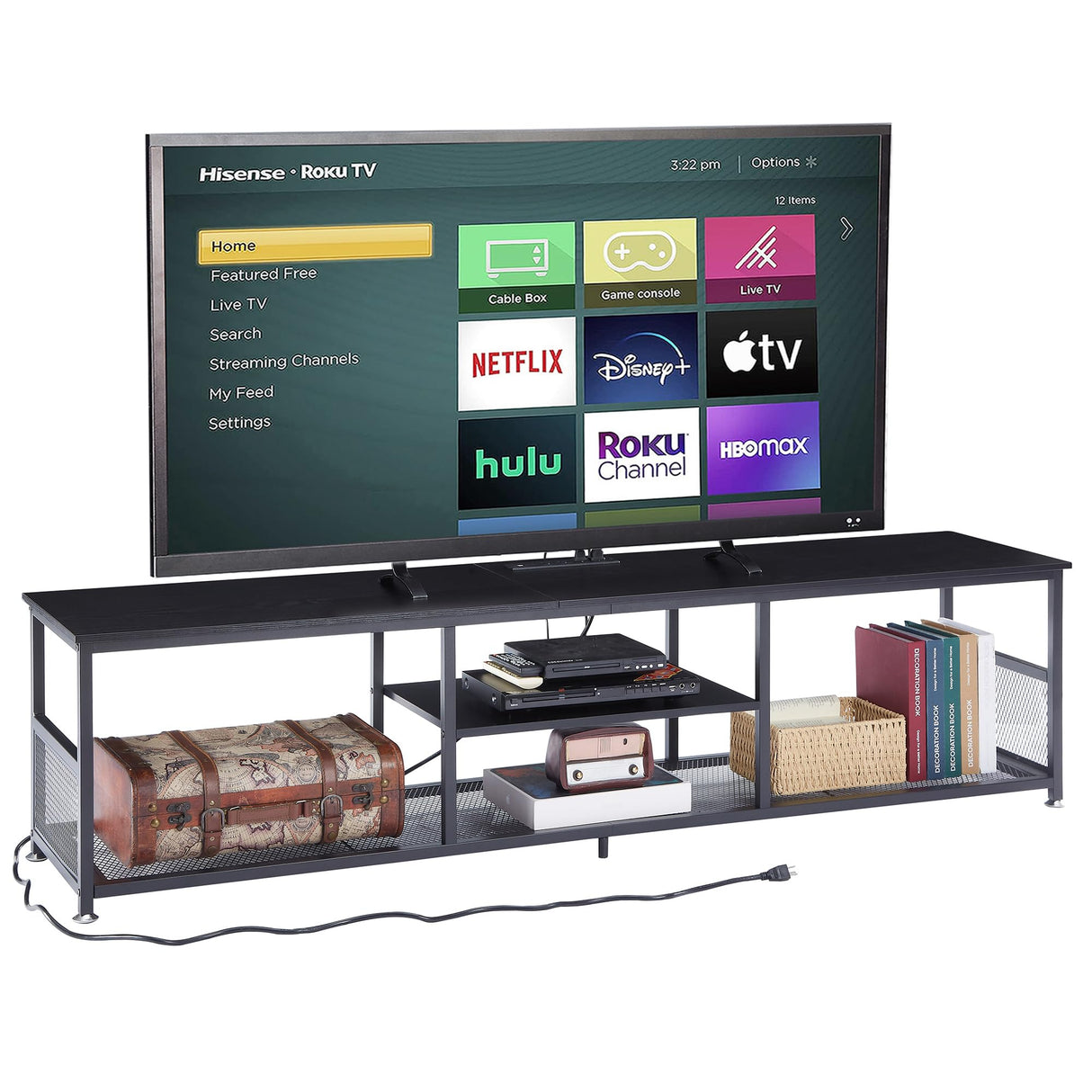 VECELO TV Stand with Power Outlets for Televisions up to 80Inch, 70" Media Entertainment Center with Charging Station 3-Tier Open Storage Shelves with Metal Frame for Living Room/Bedroom,Black VECELO