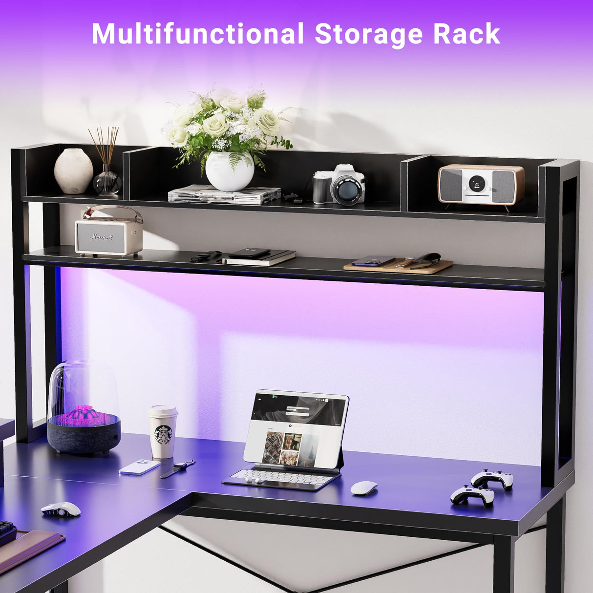 Unikito Large U Shaped Computer Desk with Hutch, Customizable Reversible L Shaped Office Desk with Power Outlets & LED Lights, Corner Gaming Table with Monitor Stand, 122” 2 Person Long Desk, Black Unikito