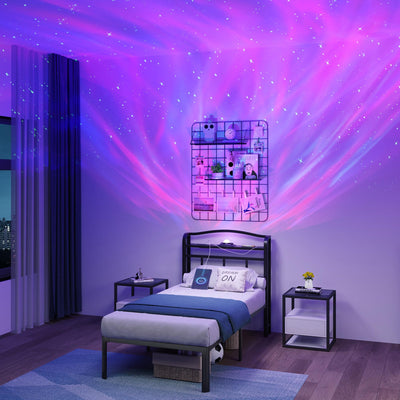 SHOANED Twin Size Metal Bed Frame - 14 Inch Heavy Duty Bedframe with Headboard & Charging Station Basic Steel Slats Platform with Galaxy Aurora Projector No Box Spring Needed, Noise-Free