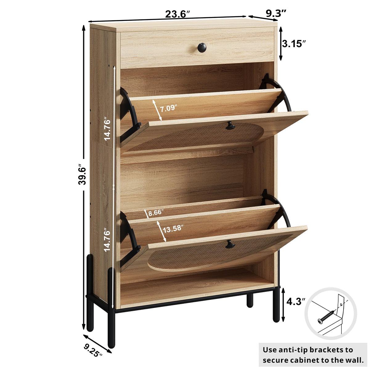 IRONCK Shoe Cabinet with 2 Flip Drawers, Shoe Storage Cabinet for Entryway, Free Standing Shoe Storage Organizer with Rattan Doors Slim Narrow Shoe Rack Cabinet, Oak IRONCK