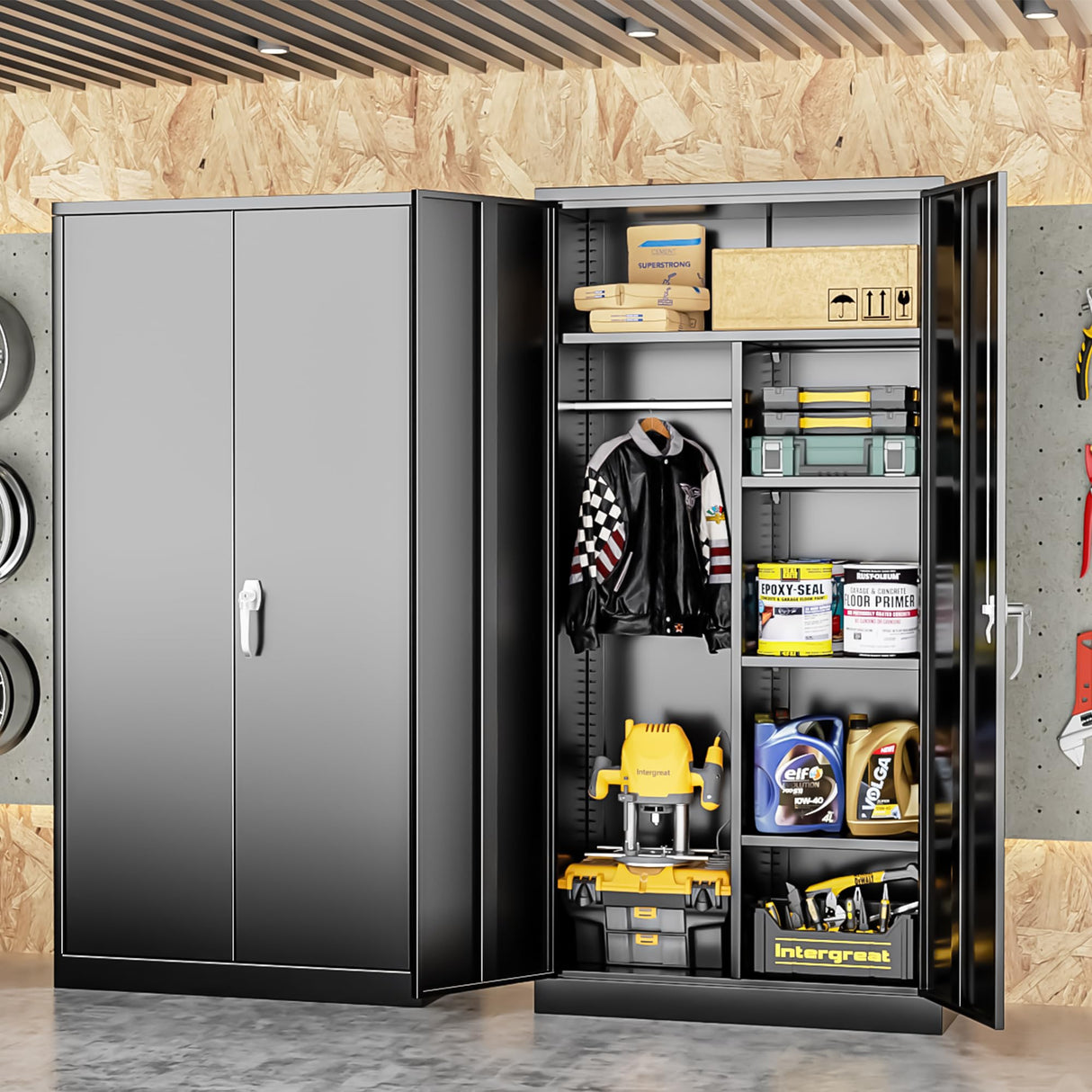 INTERGREAT Metal Wardrobe Closet, 72" Black Locking Storage Wardrobe Cabinet with Doors and Shelves, Tall Steel Clothes Storage for Office, Home, School, Gym INTERGREAT