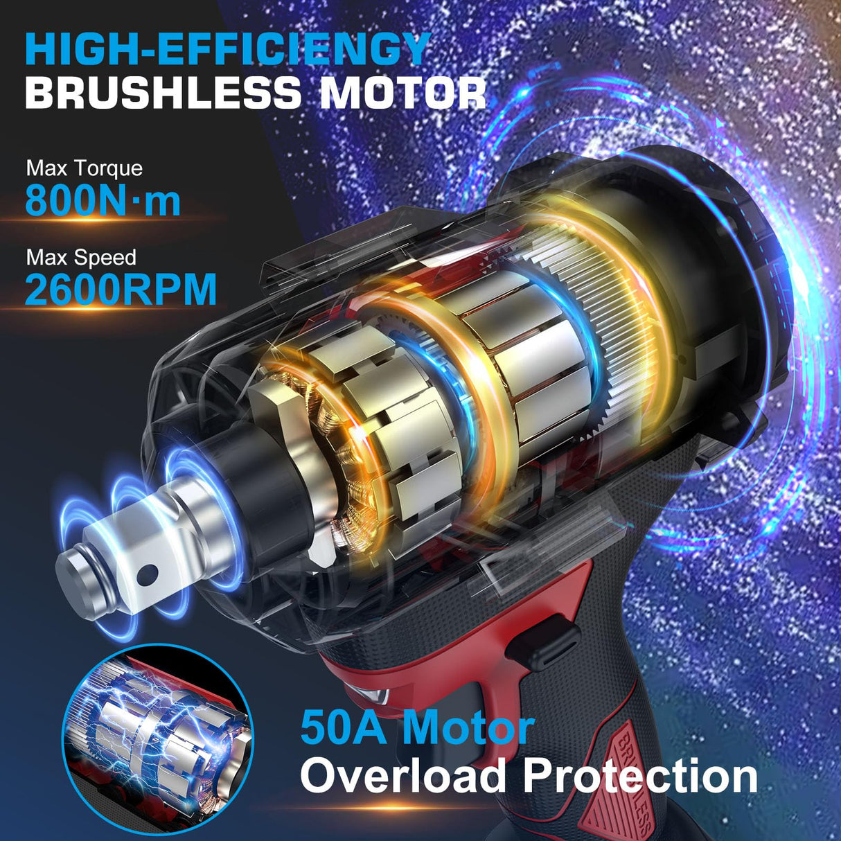 Sundpey Cordless Impact Wrench 600Ft-lbs(800Nm) - 21V 1/2" Brushless Driver With 2 * 4.0Ah Batteries - 2600RPM Gun for Lug Nuts With 6 Sockets, Fast Charger & Tool Case Sundpey