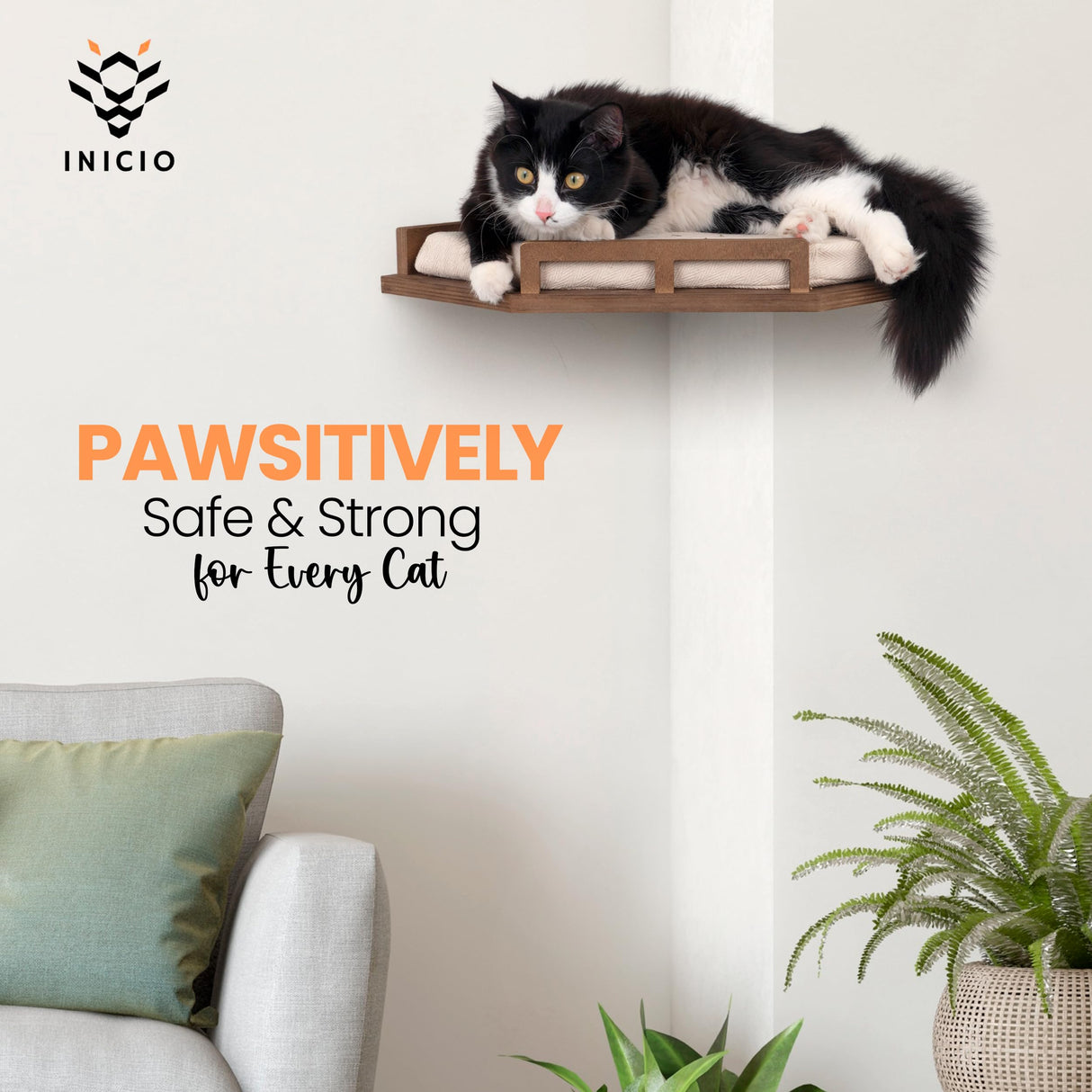 INICIO Cat Wall Shelves - Modern and Durable 3 Step Cat Furniture for Wall - Stylish Birch Floating Shelf for Cats up to 17lbs - Wooden Corner Shelves with Cushioned Perch - Brown INICIO