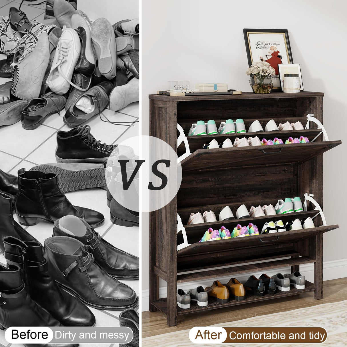 Vabches Shoe Cabinet with 2 Flip Drawers, Farmhouse Shoe Storage Cabinet for Entryway, Wood Narrow Shoe Rack Cabinet with Open Shelf, Slim Hidden Shoe Cabinet, Rustic Dark Oak Vabches