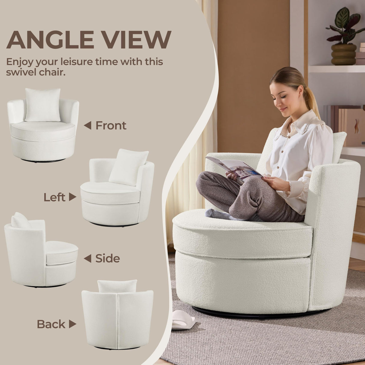 Yaheetech Swivel Barrel Accent Chair, 360 Degree Swivel Round Chairs with Removable Throw Pillow, Soft Boucle Single Arm Sofa for Living Room Bedroom Reading, White Yaheetech