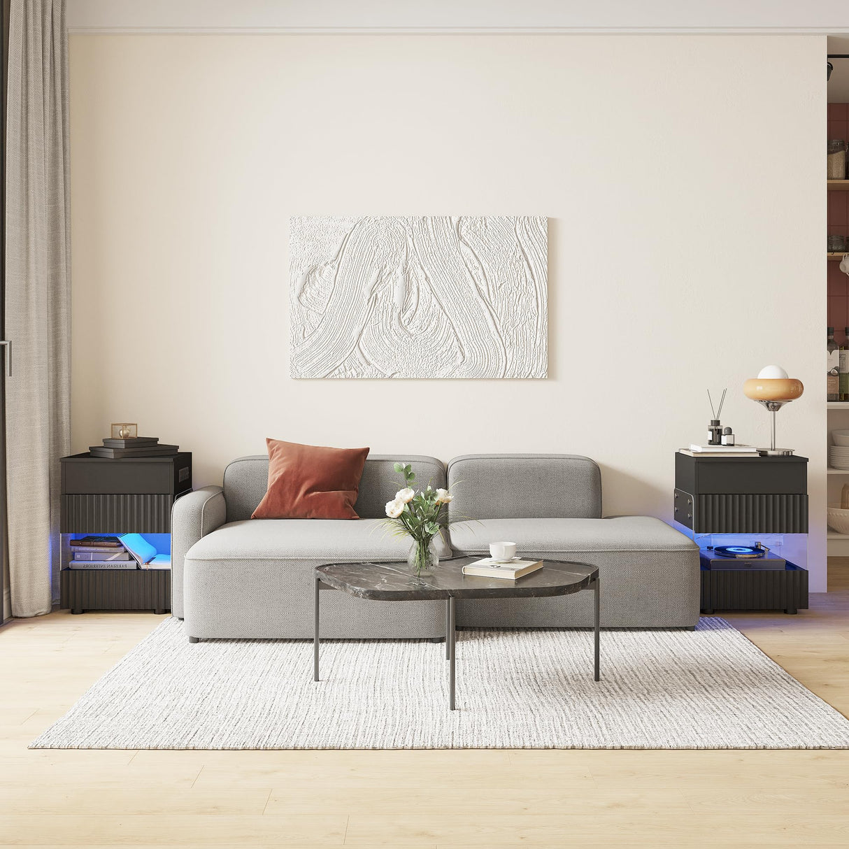 STHOUYN Bedroom LED Nightstand with Gun Drawers, Black Modern Night Stand with USB & Type-C Charging Station, Smart Nightstand Noght Stand, Bedside Table Gun Safe Side End Tables Office (1, Black) STHOUYN